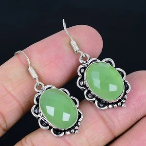 Green Chalcedony 925 Silver Plated Handmade Earrings of 1.66" - Picture 1 of 3