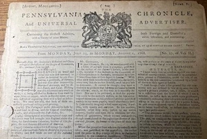 Newspaper / Pennsylvania Chronicle and Universal Advertiser From Monday July - Imagen 1 de 2