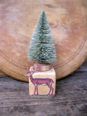 Antique Wood Toy Alphabet Block Scrap Reindeer w Bottle Brush Tree - Image 1 of 4