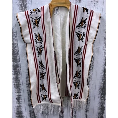 Velia's Mexico Acrylic Woven Poncho Vest White Red Brown Southwestern Fringe - Image 1 of 4