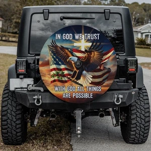 Cubierta de neumático de repuesto Jesus Cross con águila, bandera de Estados Unidos, rueda de camión In God We Trust - Imagen 1 de 9