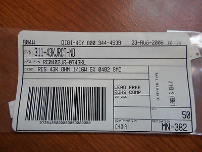Digi Key Resistor RC0402JR-0743KL 311-43KJRCT-ND 43K Ω Ohm 1/16W 5% 0402 50pc  - Image 1 of 2