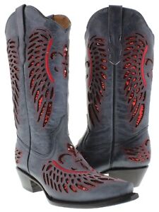 Womens Denim Blue Cowboy Boots Wings Inlay Red Sequins Snip Toe Botas Vaquera