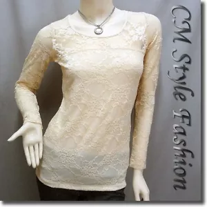 Classy Floral Lace See Through Sheer Blouse Top Beige XS - Picture 1 of 4