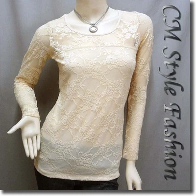 Blusa Top Elegante Floral de Encaje Transparente Beige XS Foto 1 de 4