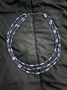 Upcycled Ethnic Paper Bead Necklace pink Blue 3 Layer - Picture 1 of 5