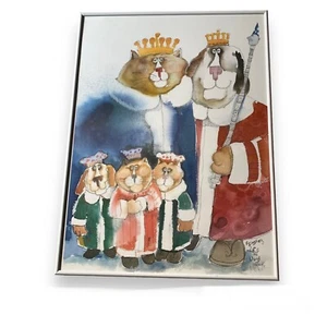 Gerahmter signierter Druck Zeichnung Nedobeck regierende Katzen und Hunde Original Doodle - Bild 1 von 8