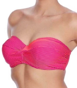 Freya Horizon Bikini Top 30F Hot Coral Pink Stripe Padded Twist Bandeau Bra 3847 - Picture 1 of 12