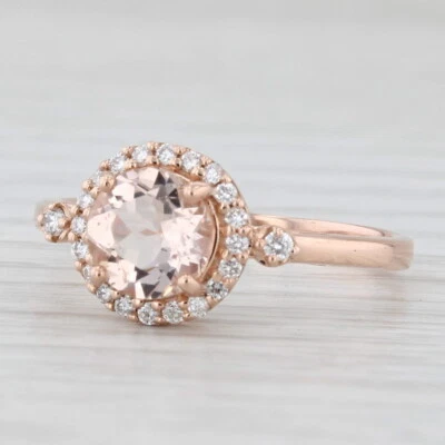 Anillo de compromiso con halo de diamantes de morganita de 1,15 quilates de oro rosa de 14 quilates talla 8 Foto 1 de 4