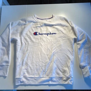 Champion Women's Sweatshirt Powerblend Fleece Relaxed Crew Script Logo White L - Picture 1 of 5
