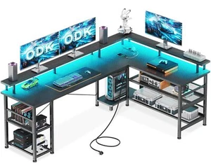 Gaming Tisch mit LED Reversibel Gaming Schreibtisch mit 2 Steckdosen & 2 USB-... - Bild 1 von 7