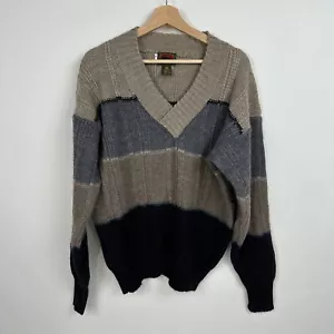 VTG Boston Traders Mens Sweater V Neck sz L Wool Striped Tan Grey Grandpa Retro - Picture 1 of 8