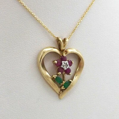 10k Gold Natural Ruby Emerald Diamond Flower Open Heart Pendant Necklace 18in - Image 1 of 4