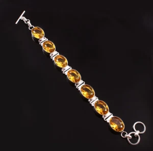 Citrine Yellow Gemstone 925 Sterling Silver Handmade Bracelet Jewelry Sz 7-8" - Picture 1 of 4