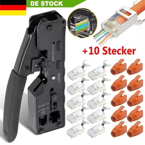 RJ45 Crimpzange + 10 Cat7 Stecker Set Netzwerk Werkzeug Lan Kabel Zange Cat 7 /6 - Bild 1 von 11