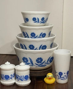 Hazel Atlas 4-Pc  Cornflower Mixing Bowl Set, 5", 6", 7", 8"  2 Jars & 1 Tumbler - Picture 1 of 17