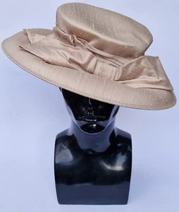 Women's ladies 100% silk wedding races formal wide brim hat gold with bow - Picture 1 of 14