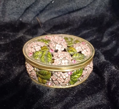 ENAMEL & CRYSTALS PINK LANTANA FLORAL TRINKET BOX Beautiful! Vintage - Image 1 of 4
