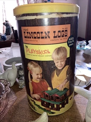 Vintage 1960's Playskool Lincoln Logs Canister #890 143 Pieces - Image 1 of 4