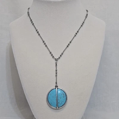 Lucky Brand Turquoise Round Pendant Y Necklace Silver Tone Boho Western Rodeo - Image 1 of 4