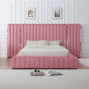 Avalon Velvet Upholstered Queen Platform Bed with Wings in Pink - Picture 1 of 9