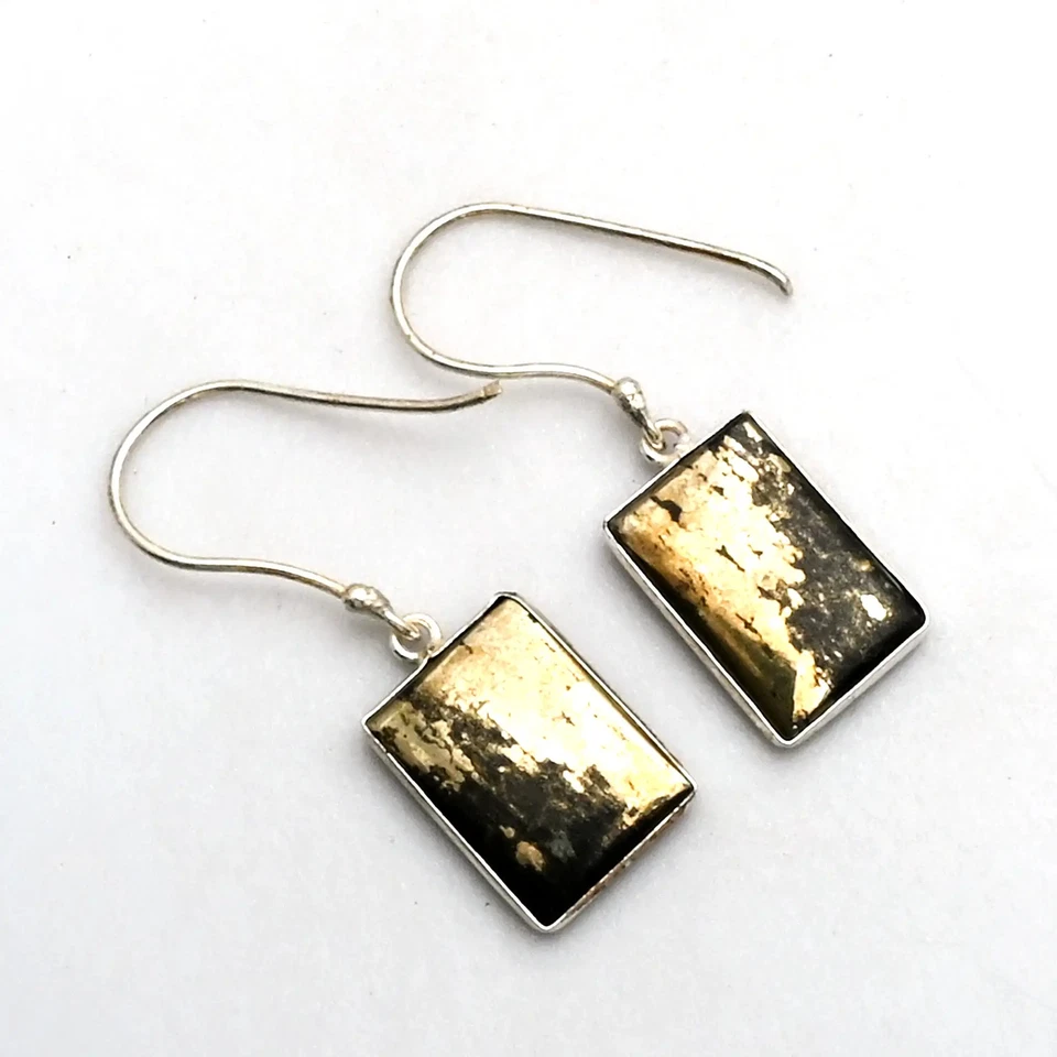 Brincos pendurados de gota feitos à mão com pedra preciosa pirita Apache presente joia 2,2" AE-12703 - Imagem 1 de 1