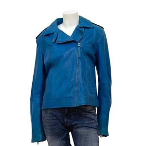 Infinity Women's L442 Blue Vtg Distressed Leather Slim Fit Biker Jacket Size 16 - Picture 1 of 4