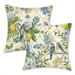 Beautiful 2 PC SET Blue Birds & Lemons Pillow Covers 18"x18" Home Decor Plush - Picture 1 of 5