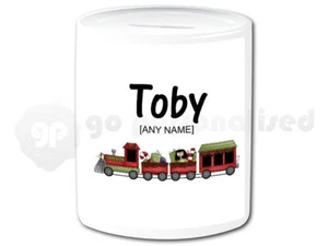 Personalised Christmas Train Money Box Custom Name Boy Girl Kids Piggy Bank Jar - Picture 1 of 2
