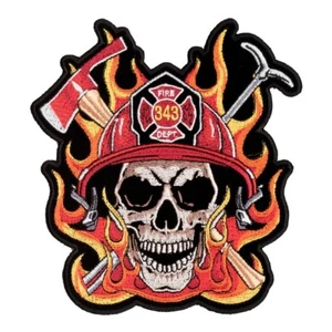 343 Firefighter Skull & Flames Patch, Firefighter Back Patches - Picture 1 of 3