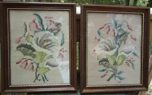 Vintage Paar Holz gerahmte Blumen Nadelspitzen Bilder Calla Lilie Shabby Chic Oma - Bild 1 von 11