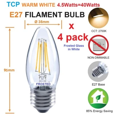 TCP LED 4 x 4.5W E27/ES LED Filaments Frosted Light Bulbs Warm White A++  - Image 1 of 4