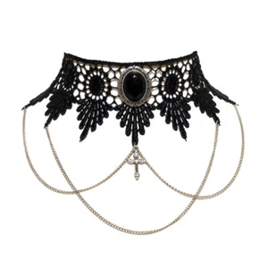 Black Onyx gothic choker necklace steampunk Draped chains and cross goth jet - Picture 1 of 6