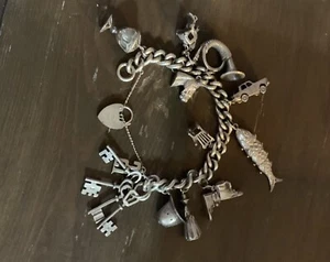 Sterling Silver Bracelet With Vintage Charms 111grams Heart Padlock Hallmarked - Picture 1 of 16