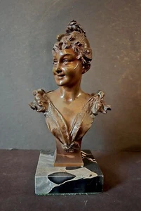 BEAUTIFUL CARL KAUBA ART NOUVEAU BRONZE BUST STATUE MARBLE FOUNDRY MARKED - Picture 1 of 22