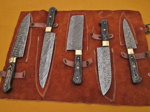 5 piece Kitchen knife set, Hand forged hammered Damascus steel suede roll sheath - Picture 1 of 7