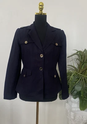 Calvin Klein 女式海军蓝亚麻混纺军装夹克尺寸 4 二手状况完好! 129 美元 — 第 1/4 张图片