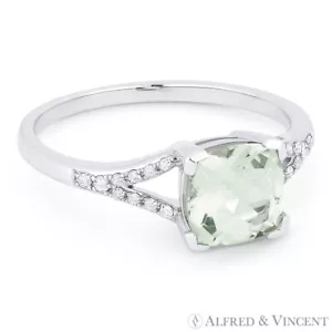 Anillo de compromiso promesa de oro blanco 14 K diamante amatista verde corte cojín de 1,41 quilates - Imagen 1 de 1