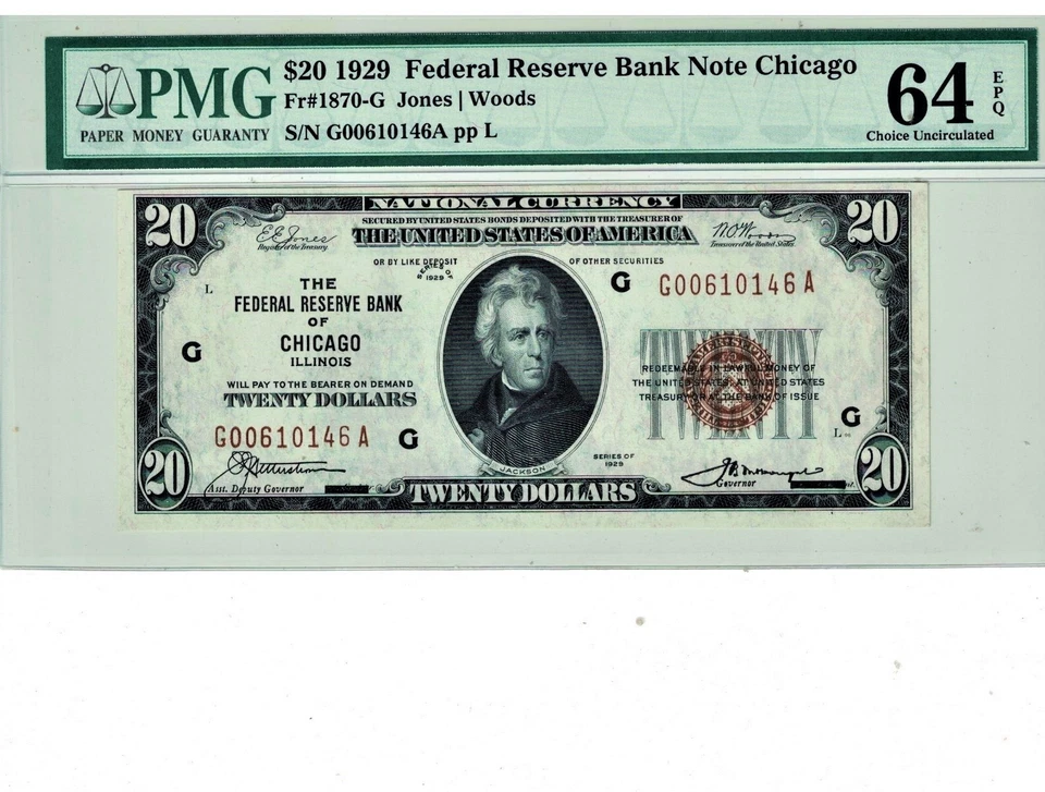 1929 $20 FRBN CHICAGO PMG CHOICE UNC 64 EPQ - Image 1 of 2