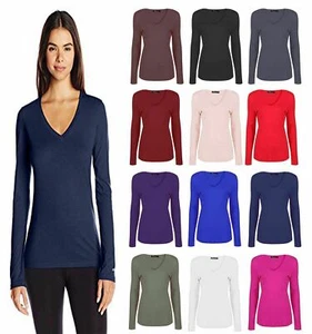 New Womens Plain Long Sleeve Casual Jersey Stretchy V Neck Basic T-Shirt Tee Top - Picture 1 of 18