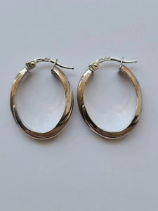 14k Gold Oval Twisted Hoop Earrings TwovTone White Gold Rose Gold 25mm Long - Picture 1 of 10