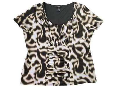 Alfani Brown White Print Womens Top Size 3X Scoop Neck Ruched Short Sleeve - image 1 of 4