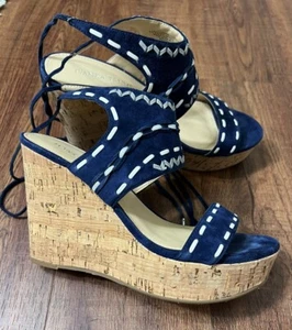 Ivanka Trump Blue Cream Stitch Leather Lace Up Sandals Wedge Heels Size 8.5 M - Picture 1 of 12
