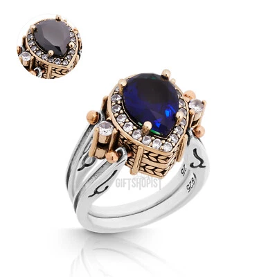 Turkish Reversible Drop Sapphire and Black Topaz 925 Sterling Silver Ring - Image 1 of 4