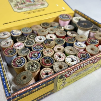Vintage - Large Lot - Wooden Sewing Thread Spools - WITH Thread - In Old Box - Image 1 of 4