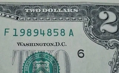 Billete de aniversario 1989 número de serie elegante billete de dos dólares de $2 Foto 1 de 3