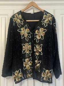 Vintage 100% SEIDE Perlen Blumen Pailletten Perlen Floral Cardigan Jacke Medium - Bild 1 von 7