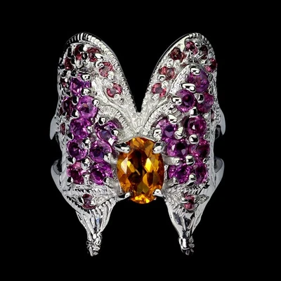 925 Sterling Silver Ring Oval Citrine 7x5mm Rhodolite Garnet Gemstone Jewelry - Image 1 of 4