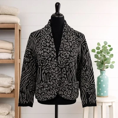 Cardigã Style & Co suéter estampa animal tamanho XL preto cinza jaqueta de malha safári - Imagem 1 de 4