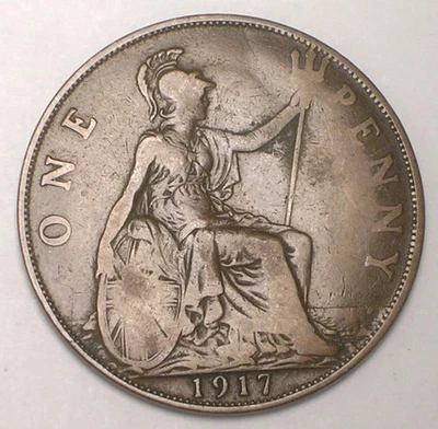 Moeda de 1 centavo George V 1917 Reino Unido Grã-Bretanha britânica muito boa qualidade - Imagem 1 de 2